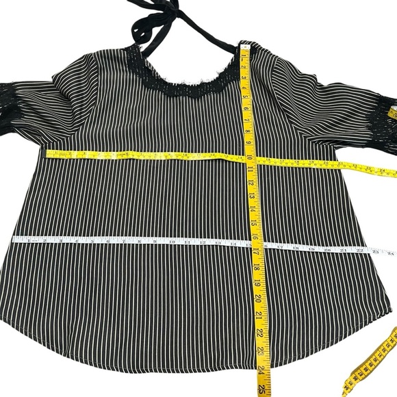 THML Blouse Womens Medium Black White Strip Lace 3/4 Sleeve Velvet Back Tie - Picture 6 of 16